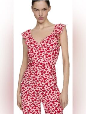 Mango NWT Red Floral Print One Piece Jumper Lightweight Wide Leg Sz L Summer